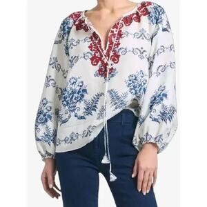 SACHIN & BABI-NWT- CELIA LINEN BLOUSE| FLORAL | EMBROIDERD | TASSEL Sz:M Ret$295